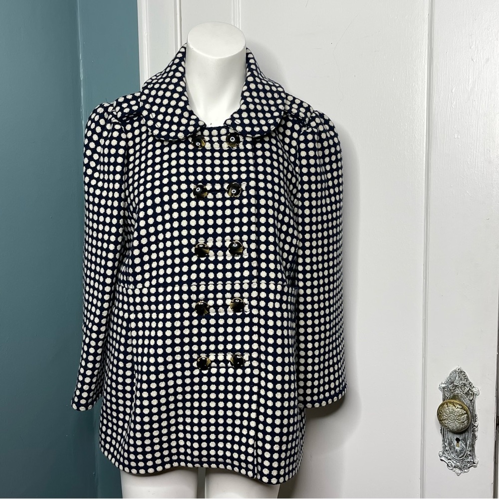Juicy Couture Navy and White Polka Dot Pea Coat